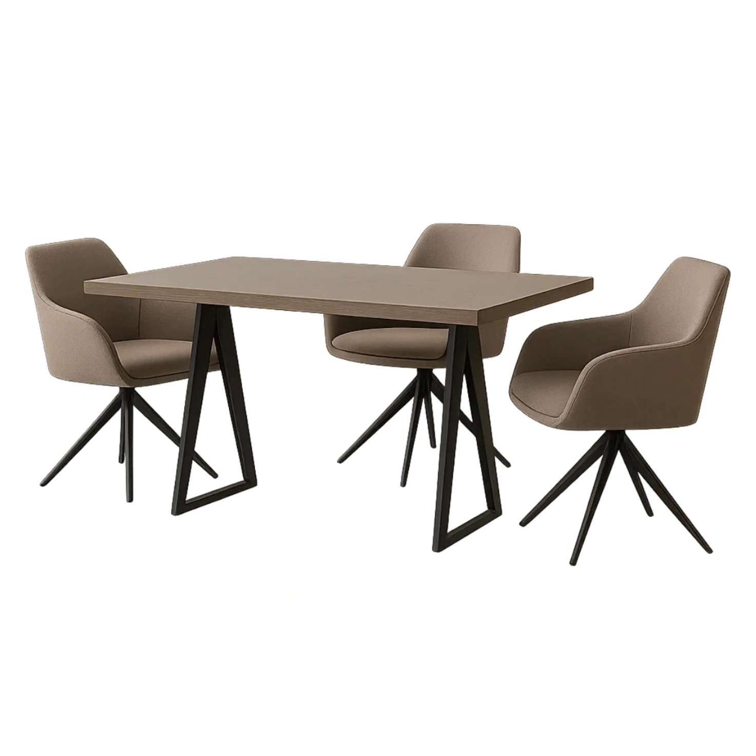 3-personers spisebordsst, tr og stof, taupe farve, rektangulrt bord med geometriske metalben, fast struktur, bord 140x80x75 cm og stol 55x56x83 cm, til indendrs spisning - Lgx0pLLB3RjK