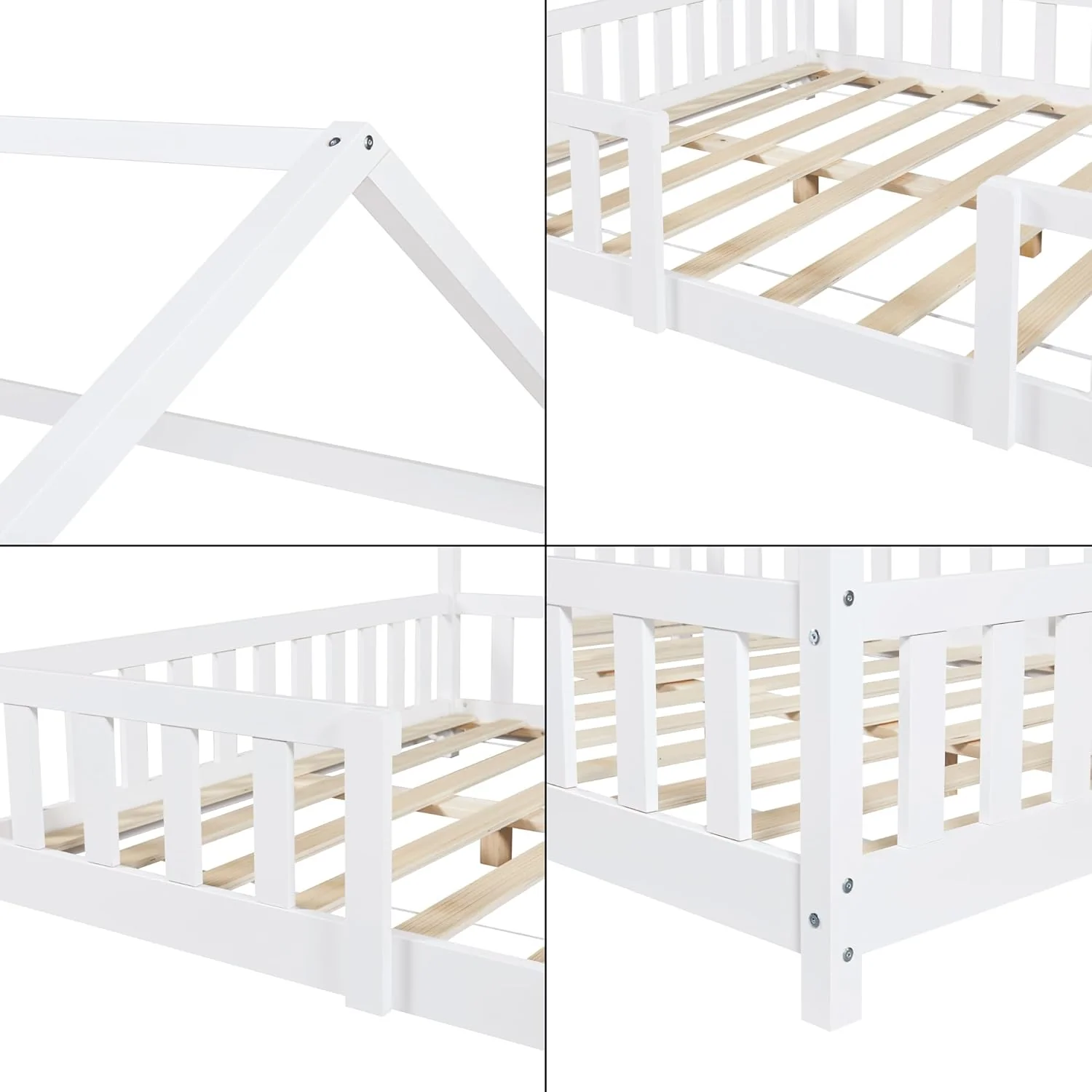 [en.casa] Letto per bambini Sisimiut a capanna 80 x 160 cm con protezione anticaduta letto in legno per bambini letto a terra rete a doghe in legno di pino Bianco opaco
