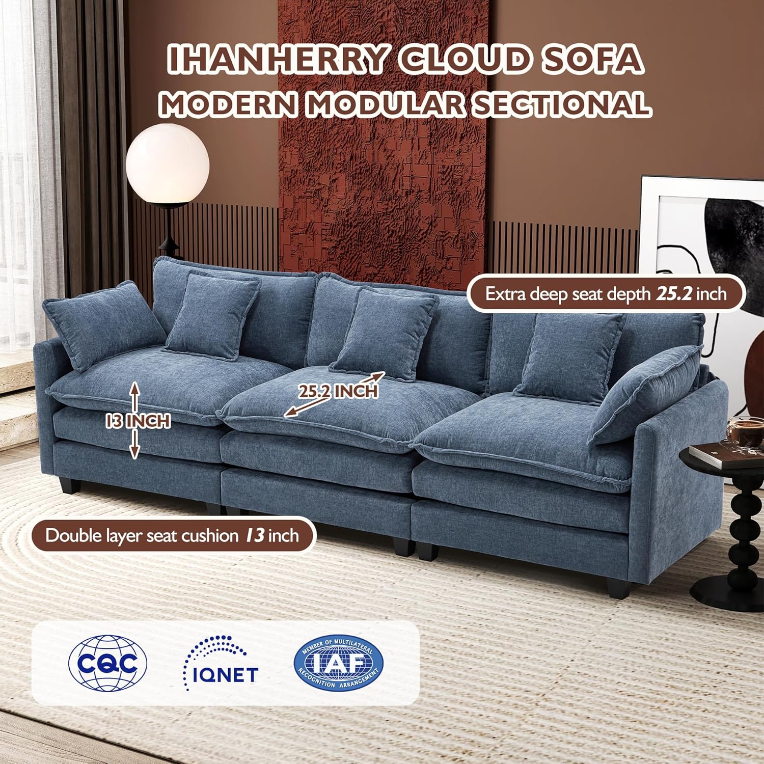 111.4 Inch L-Shaped Modern Sofa Modular Cloud Sofa Ottoman 4-Seater Chenille Deep Seat Sofa