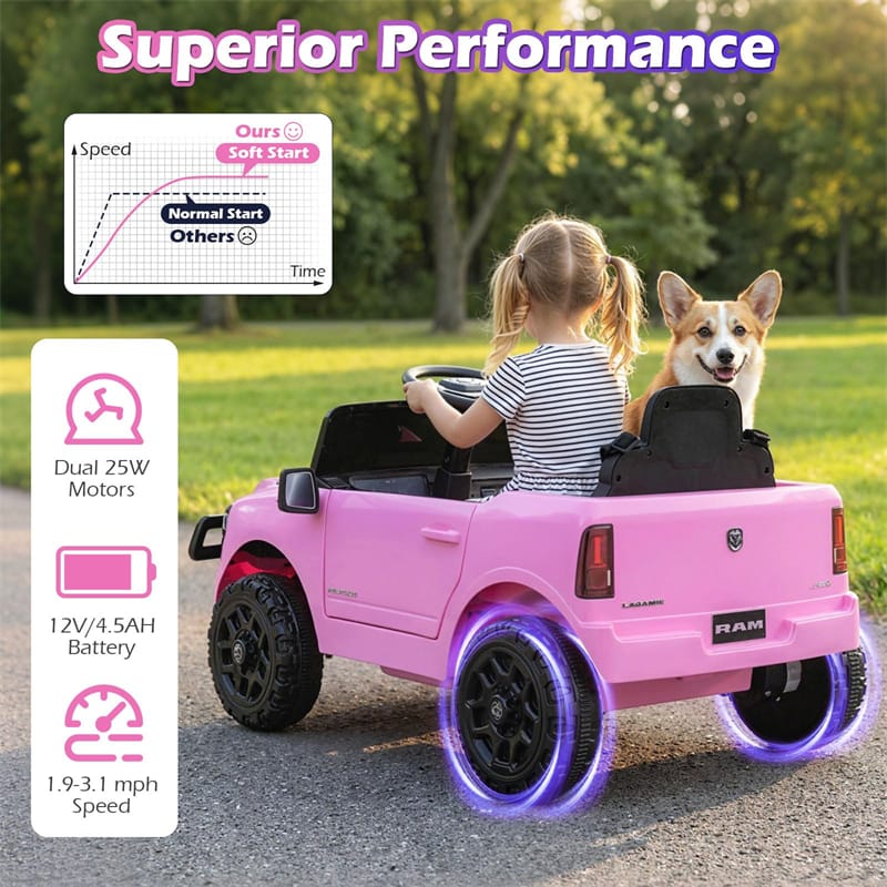 12V Kids Ride-On Truck Car Licensed RAM 3500 Electric Vehicle with Remote Control, Soft Start & LED Lights, Ride On Toy for Boys Girls Aged 3+