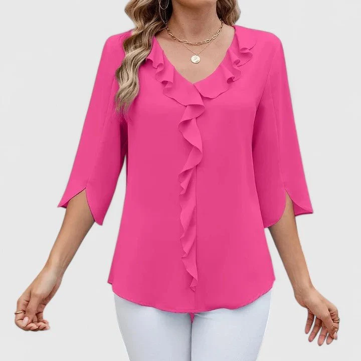 Women's Chiffon Blouse Ruffle V-Neck Half-Sleeve Style