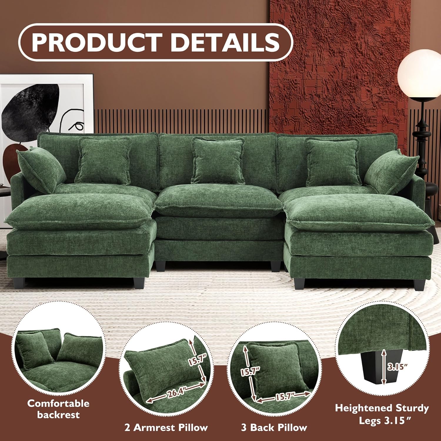 111.4 Inch L-Shaped Modern Sofa Modular Cloud Sofa Ottoman 4-Seater Chenille Deep Seat Sofa
