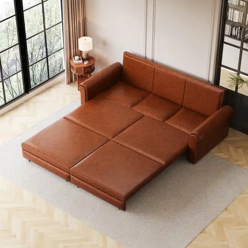 3-in-1 King Pull Out Sofa Bed Chesterfield Sofa, Velvet/Faux Leather Convertible Sleeper Sofa with Nailhead Trim & Rolled Arm