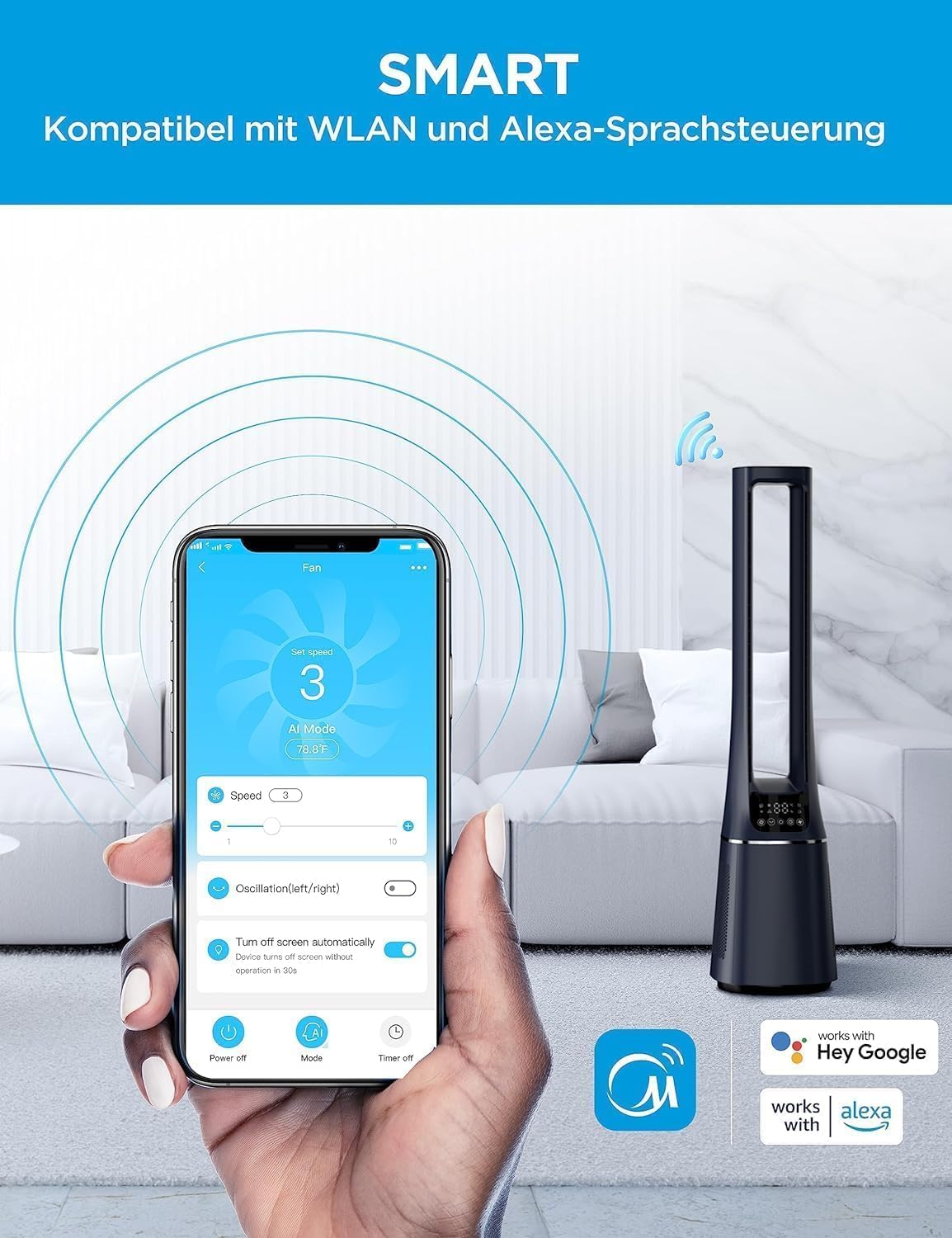 Midea MFP-120i (BL) 2 in 1 Turmventilator Leise 27dB Luftreiniger H13 True HEPA auf 47.6 ㎡ LED Display Fernbedienung Oszillation 12H Timer Kompatibel für Wireless Connection App Alexa Google