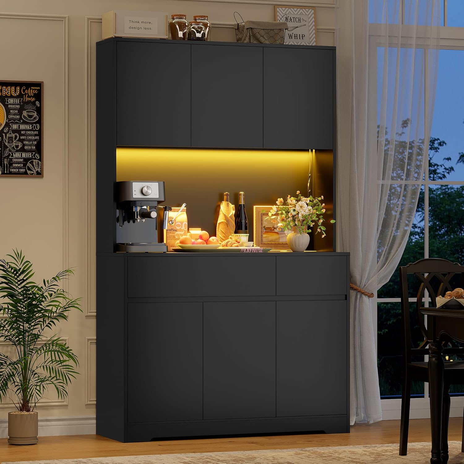 FirFurd Küchenschrank Buffetschrank mit LED und Steckdose Küchenschrank mit Arbeitsplatte Sideboard für Küche Wohnzimmer Esszimmer Küchenbuffet 180x100x38,5cm schwarz