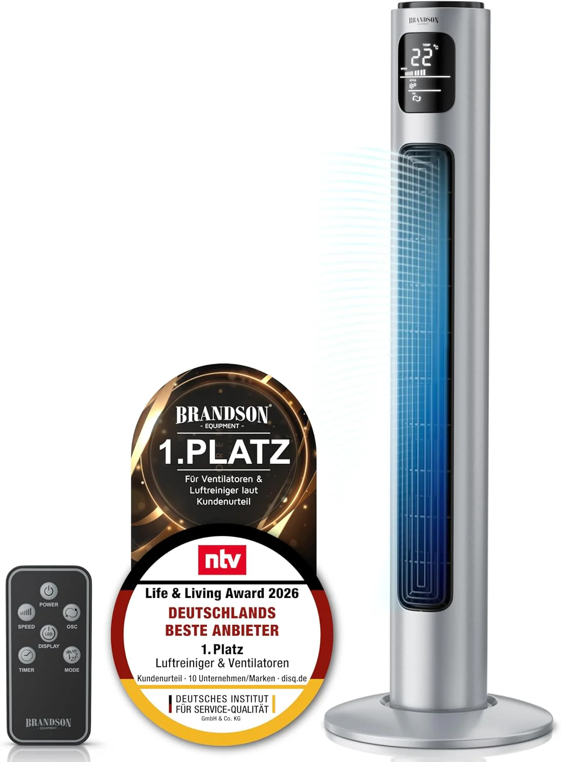 Brandson - Toronyventilátor távirányítóval 96 cm - 2026-os díjnyertes - csendes mobil ventilátor - oszcilláló állóventilátor - 3 sebesség 3 üzemmód időzítő - GS tanúsítvánnyal rendelkező ventilátor - Acélezüst