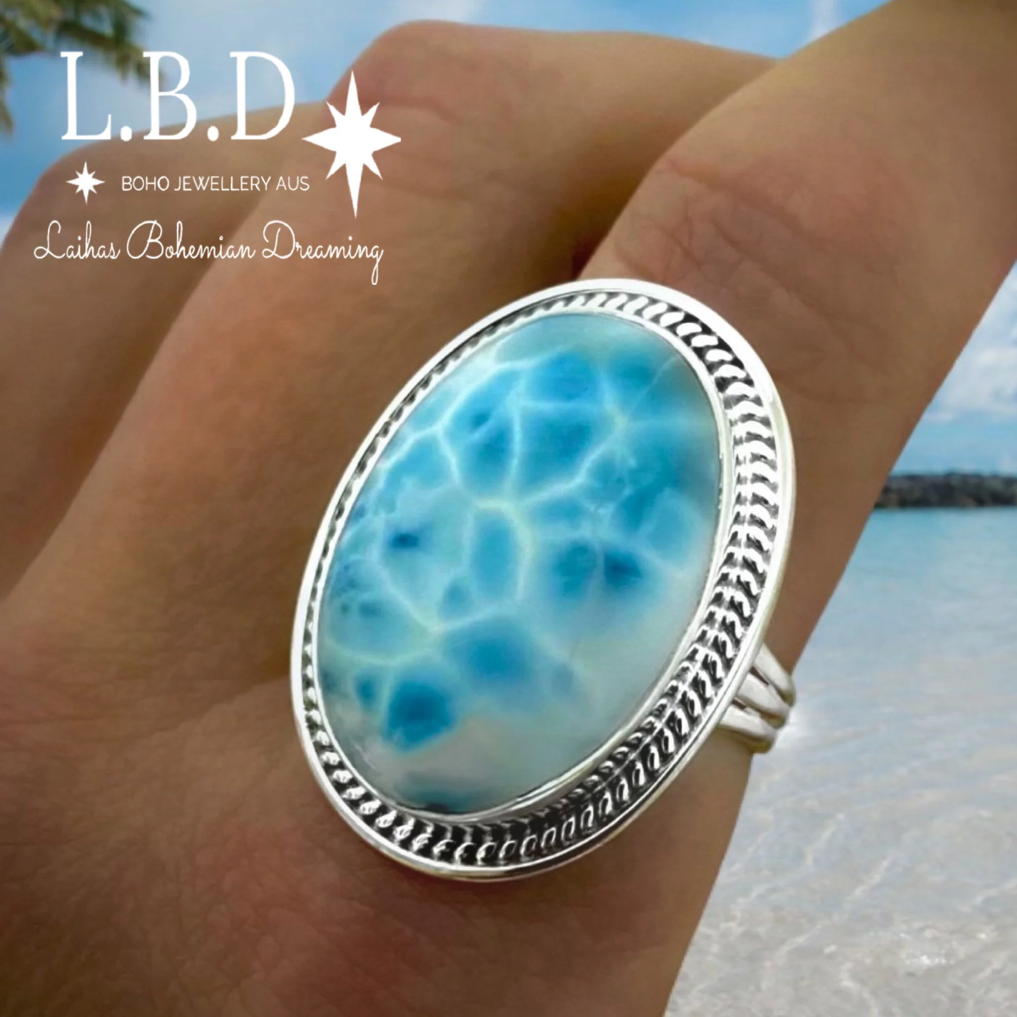 XLARGE Larimar Ring- Gleaming Boho Statement Ring