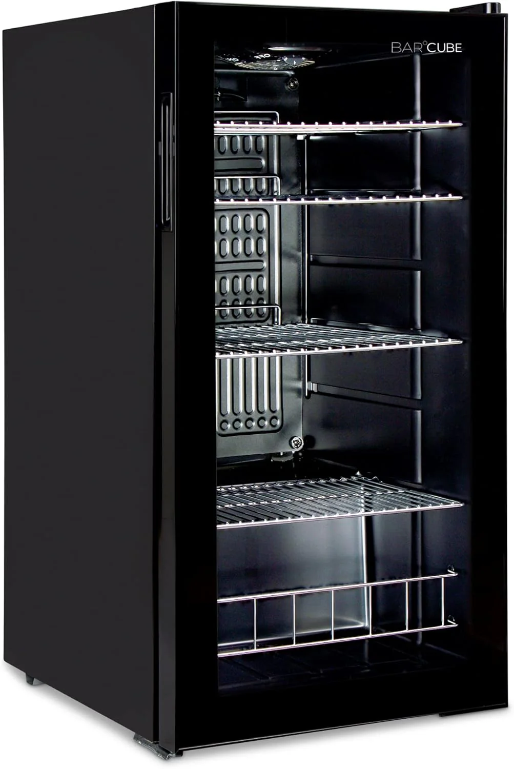 °CUBES Frigorifero per bevande 90L con porta in vetro e 4 ripiani regolabili | Frigorifero compatto per bottiglie, perfetto per casa, ufficio, feste e gastronomia | Elegante frigorifero con porta in vetro, nero