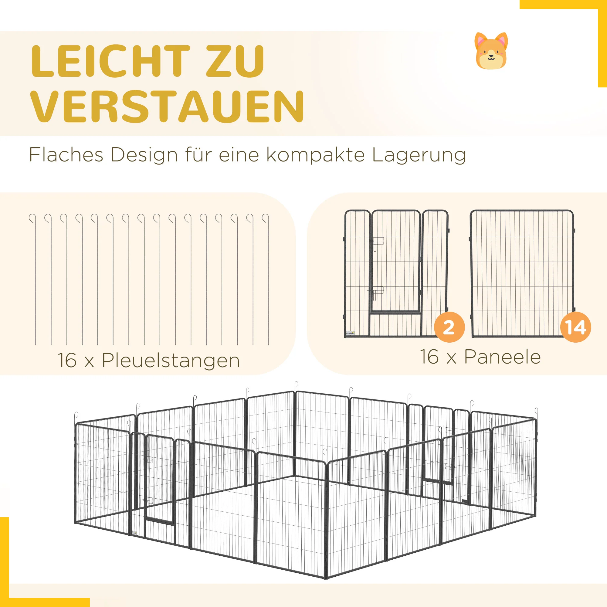 PawHut Puppy Run modulair ontwerp 16 panelen 2 deuren weerbestendig staal 3,2 x 3,2 x 1 m grijs