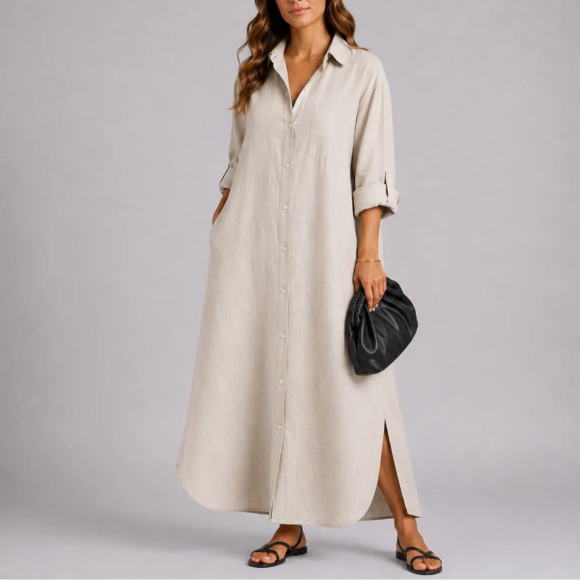 Women��s Linen Maxi Shirt Dress Relaxed Fit Lightweight Style