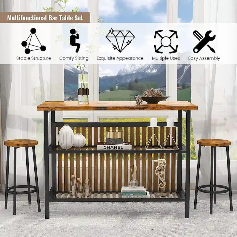 Kitchen Island with 2 Stools and Open Shelves