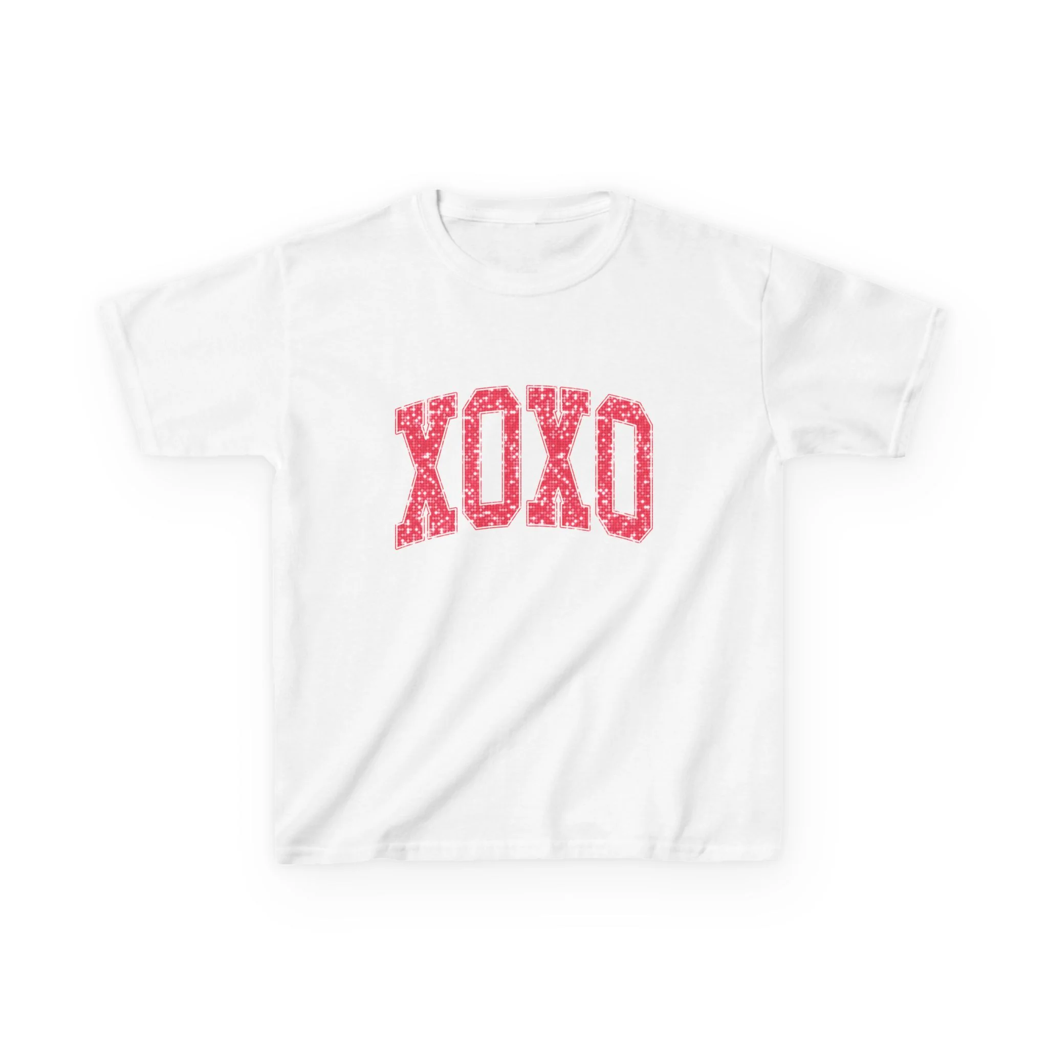 XOXO Kids Tee, Valentine Heart Pattern, Pink Lettering