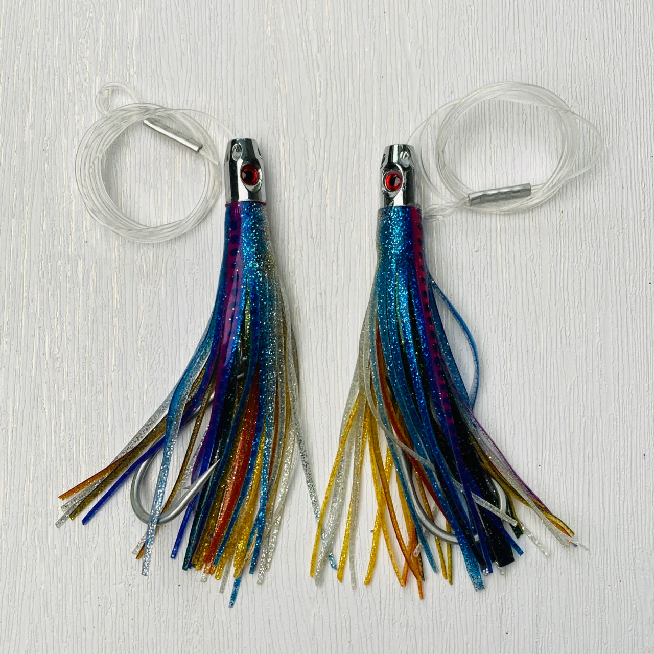 2pcs Jet Head Rigged skirts  150lb premium mono leader, 6/0 PS steel hook Rainbow