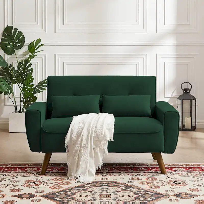 48.82 Small Tufted Loveseat Sofa with 2 Pillows and Tapered Wood Legs