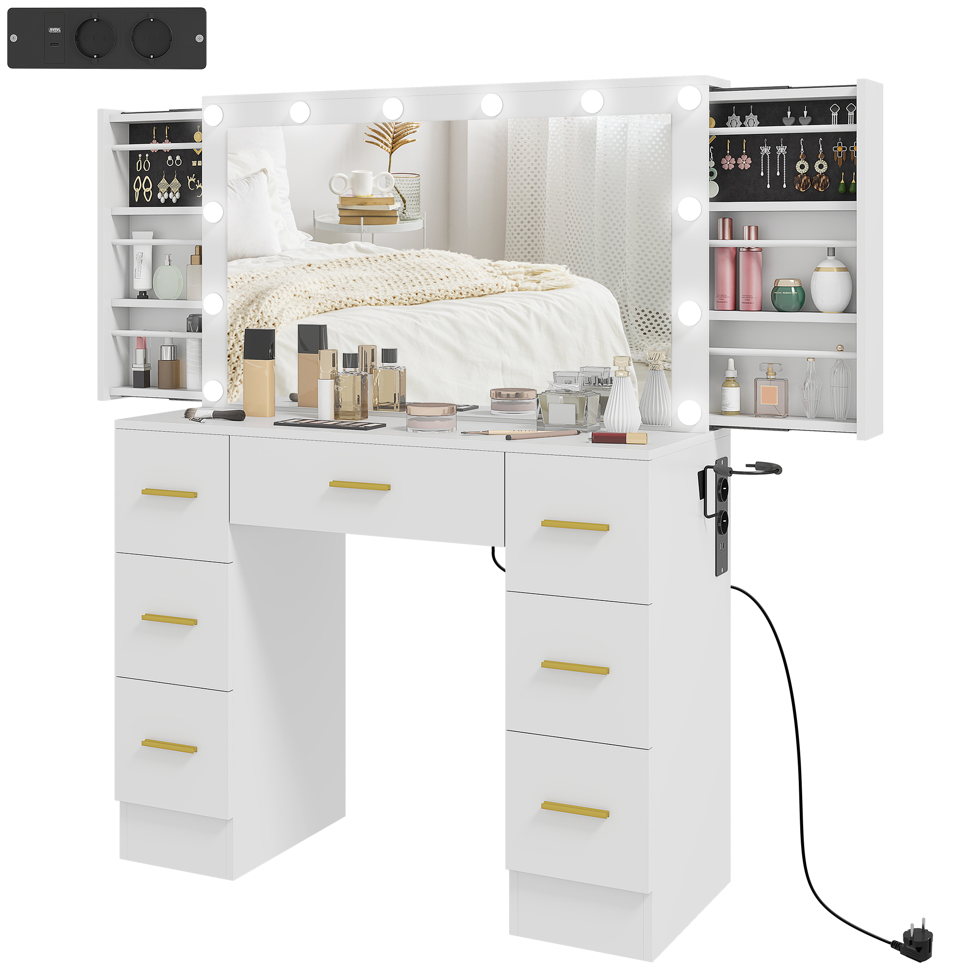 Kaptafel met Spiegel en 12 LED-lampen, Friseurtafel met 7 Lades, 6 Verborgen Opbergvakken, Spaanplaat, Wit