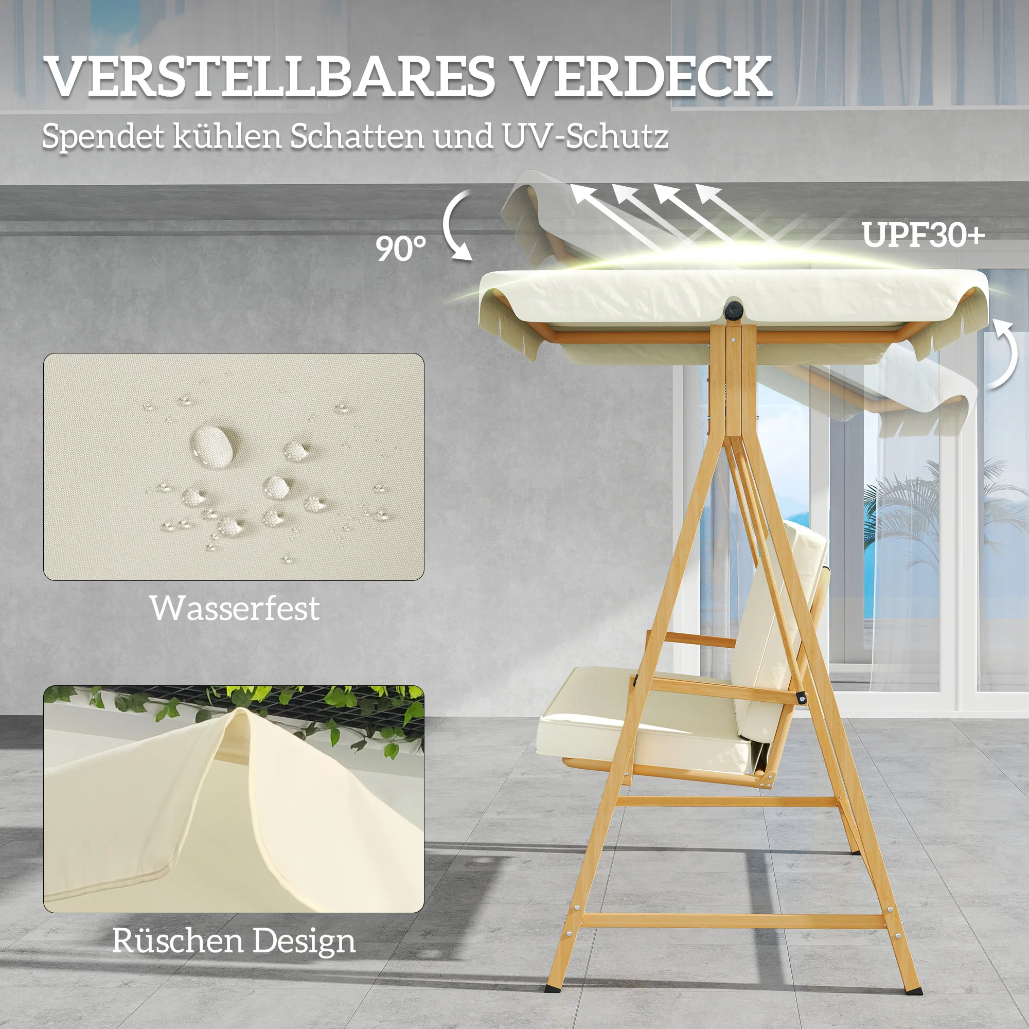 Outsunny Tuinschommel met Verstelbaar Zonnedak en Gewatteerde Zitting, 3-zits tot 330kg, 198 x 120 x 170cm, Beige