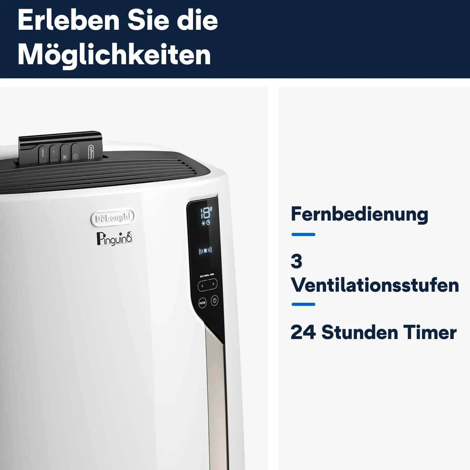 De'Longhi Pinguino PAC EM82, Condizionatore Portatile per ambienti fino a 80 m³, 9.400 BTU, 2,4 kW, 63 dB, Funzione Deumidificatore, Classe Energetica A, Timer 24h, Bianco