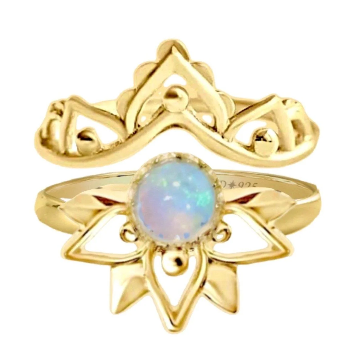 Gold Opal Ring - Inflorescence Gold Boho Ring Set