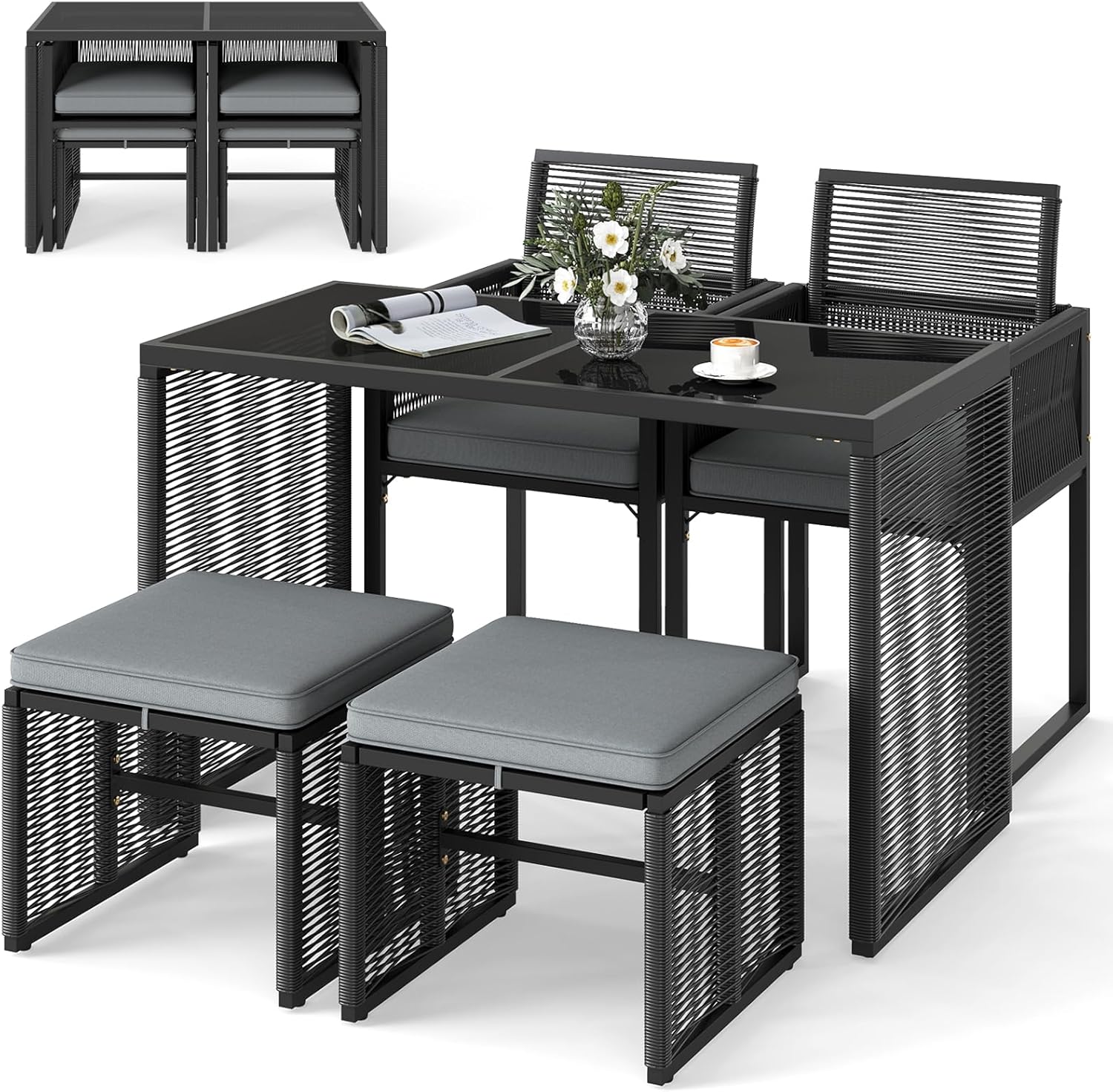 COSTWAY 5tlg. Rattan Gartenmöbel Set, Balkonmöbel, Balkonset inkl. 2 Stühle mit Kissen, Hocker & Tisch, Terrassenmöbel, platzsparendes Gartenset mit klappbarer Rückenlehne, Sitzgruppe für Garten