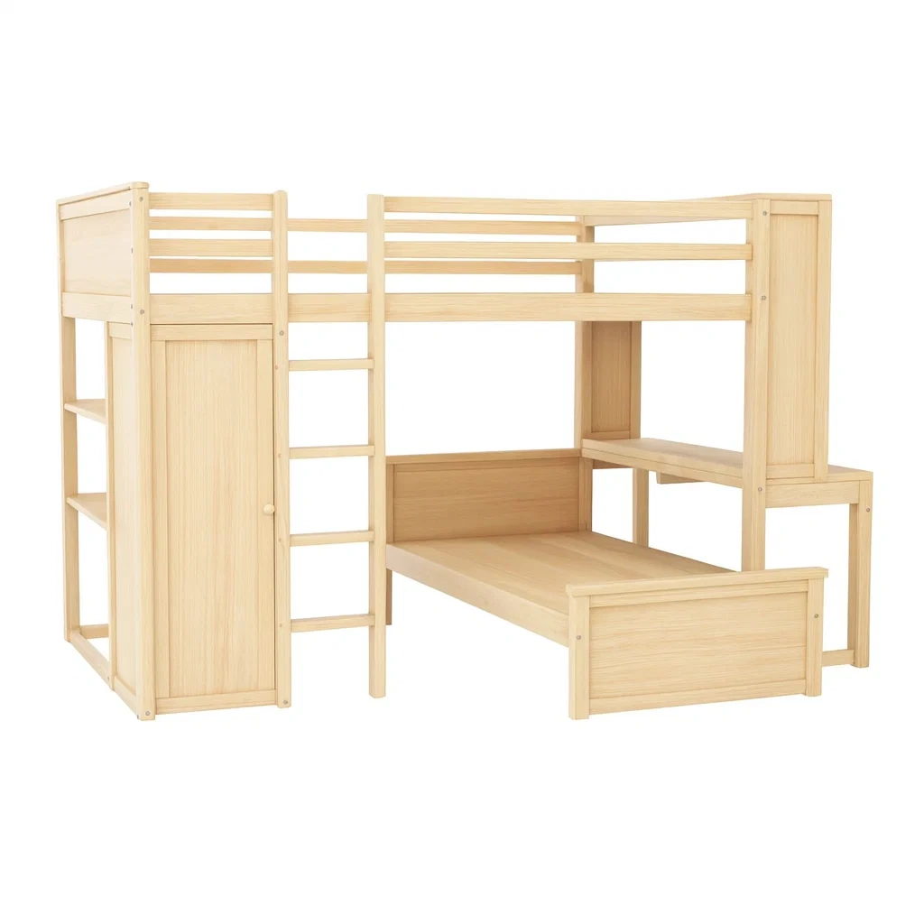Lit superposé en pin avec échelle et rangement 197x108x150 cm