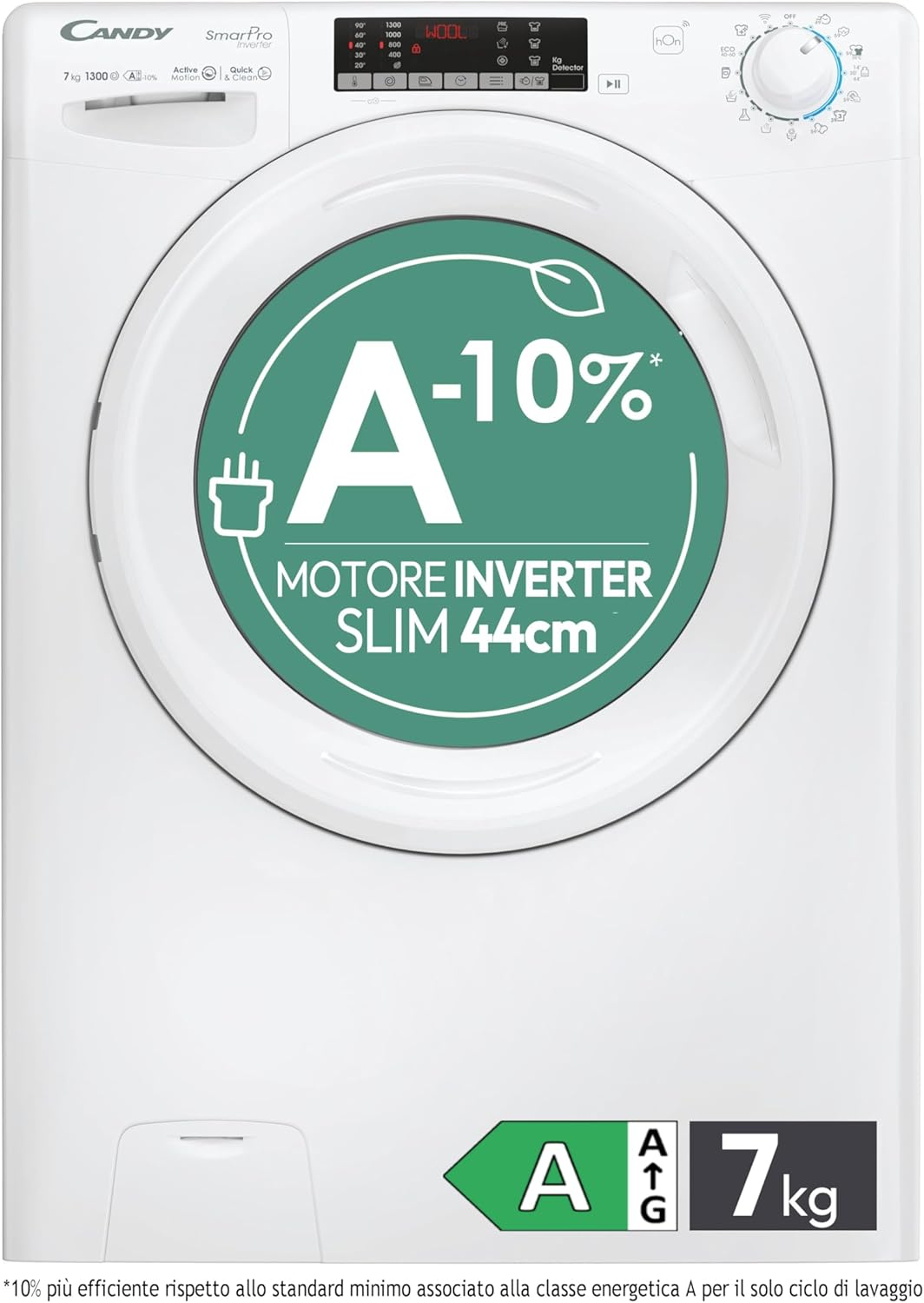 Candy Smart Pro CO4 374TWM6/1-S, Lavatrice Slim 7kg, Motore Inverter, Carica Frontale, Classe A-10%, 1300 Giri, 16 Programmi, 76 dB, AxLxP 85x60x45 cm, Bianco [Classe di efficienza energetica A]