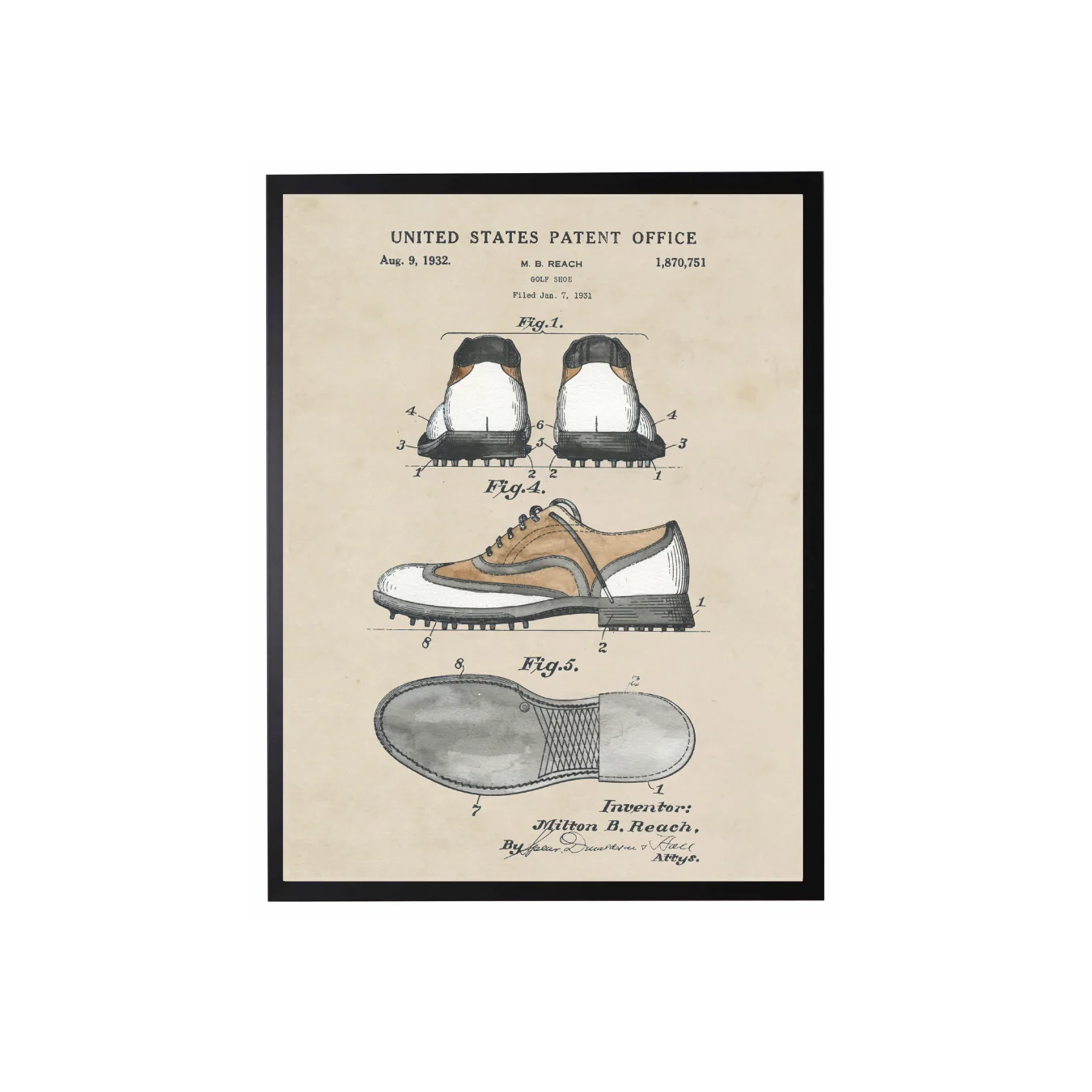 Vintage Watercolor Golf Shoe Framed Art