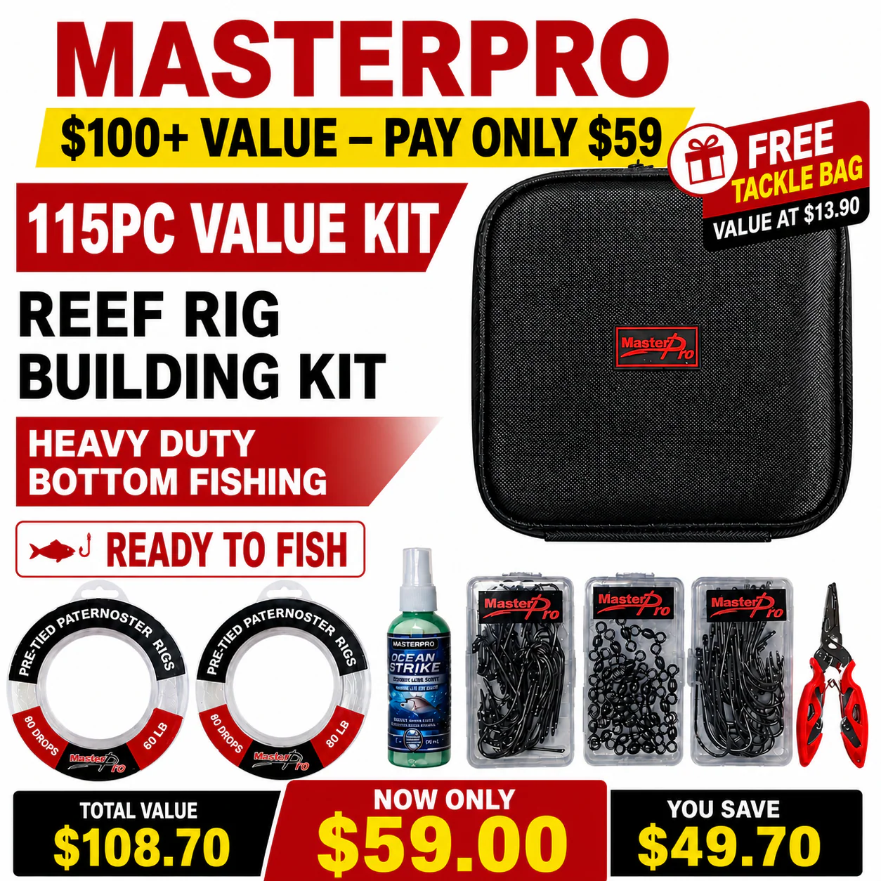 MASTERPRO 115PC Reef Rig Building Kit �?Ready to Fish + FREE Tackle Bag ($13.90 Value) Tackle Hooks