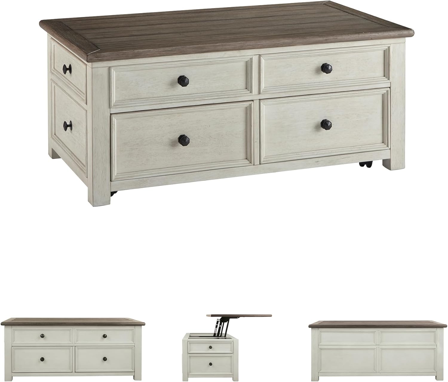 Ashley Bolanburg Lift Top Coffee Table with Drawers, Antique Cream & Brown