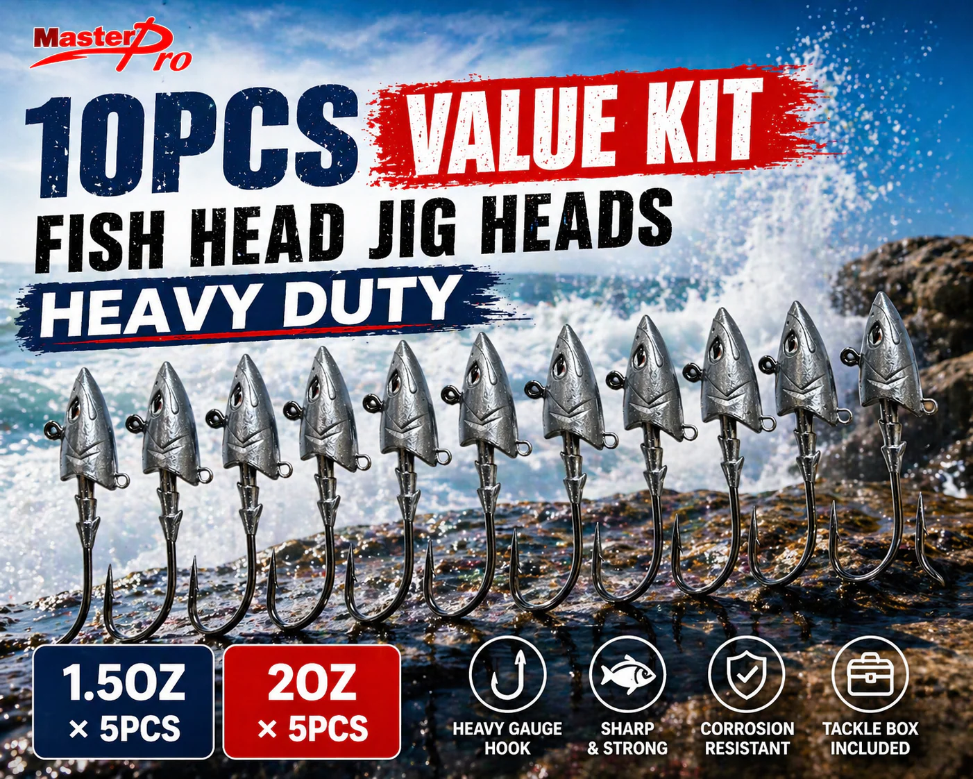MasterPro Fish Head Jig Heads 10pcs 1.5oz 2oz Heavy Duty Hook Saltwater Fishing AU