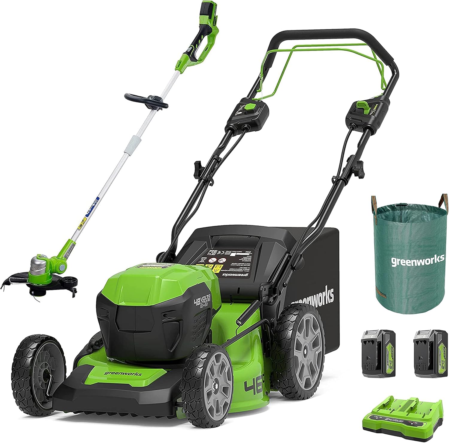 Greenworks 48V (2x24V) Selbstfahrender Akku Rasenmäher für große Flächen bis zu 480m², 46cm Schnittbreite, 55L Sack PLUS zwei 4Ah-Akkus und Doppelladegerät GD24X2LM46SPK4X