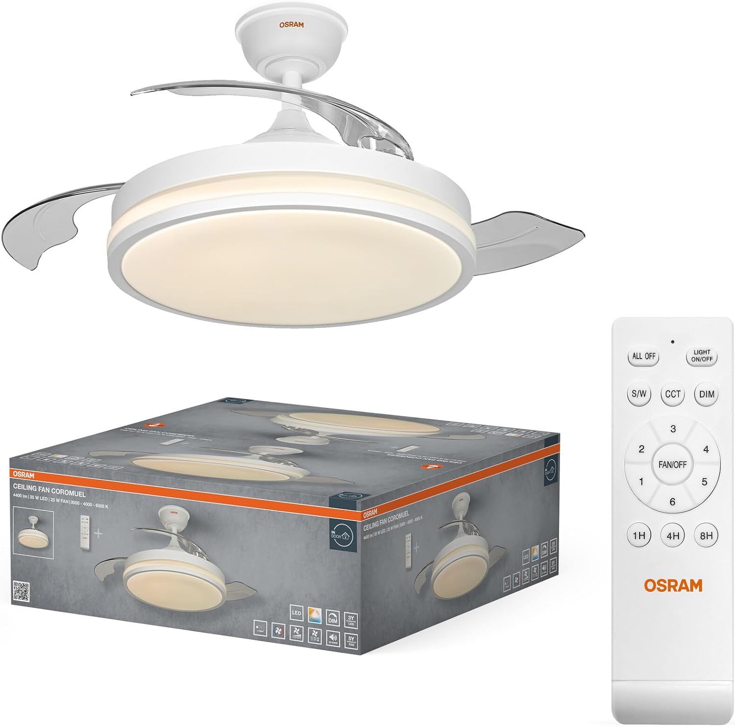 Osram LED-Deckenventilator Coromuel, 1065mm, 60W, CCT 3000/4000/6500K, 2600lm, 115° Abstrahlwinkel, 50.000h Lebensdauer, dimmbar, Fernbedienung inklusive