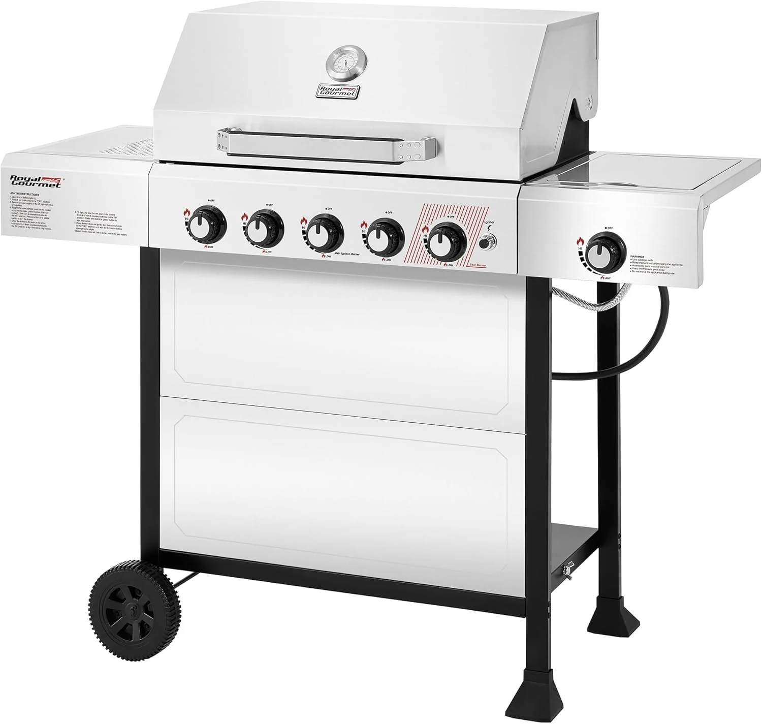 Royal Gourmet GA5401T 5 égős BBQ propán gázgrill oldalsó égővel, rozsdamentes acél, 61 000 BTU teljesítmény teraszra, kerti piknikre, udvari főzéshez, ezüst