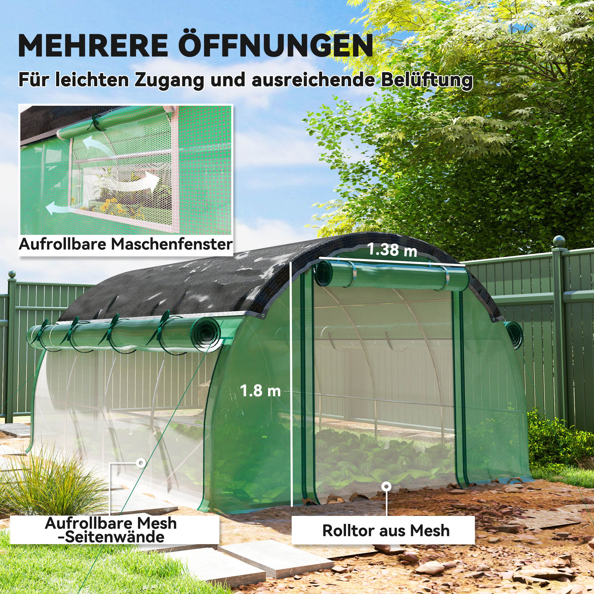 Outsunny 4 x 3 x 2 m Polykastunnel met Zonneschermnet, Oprolbare Zijwanden, Plastic Afdekking, Stalen Frame, Groen