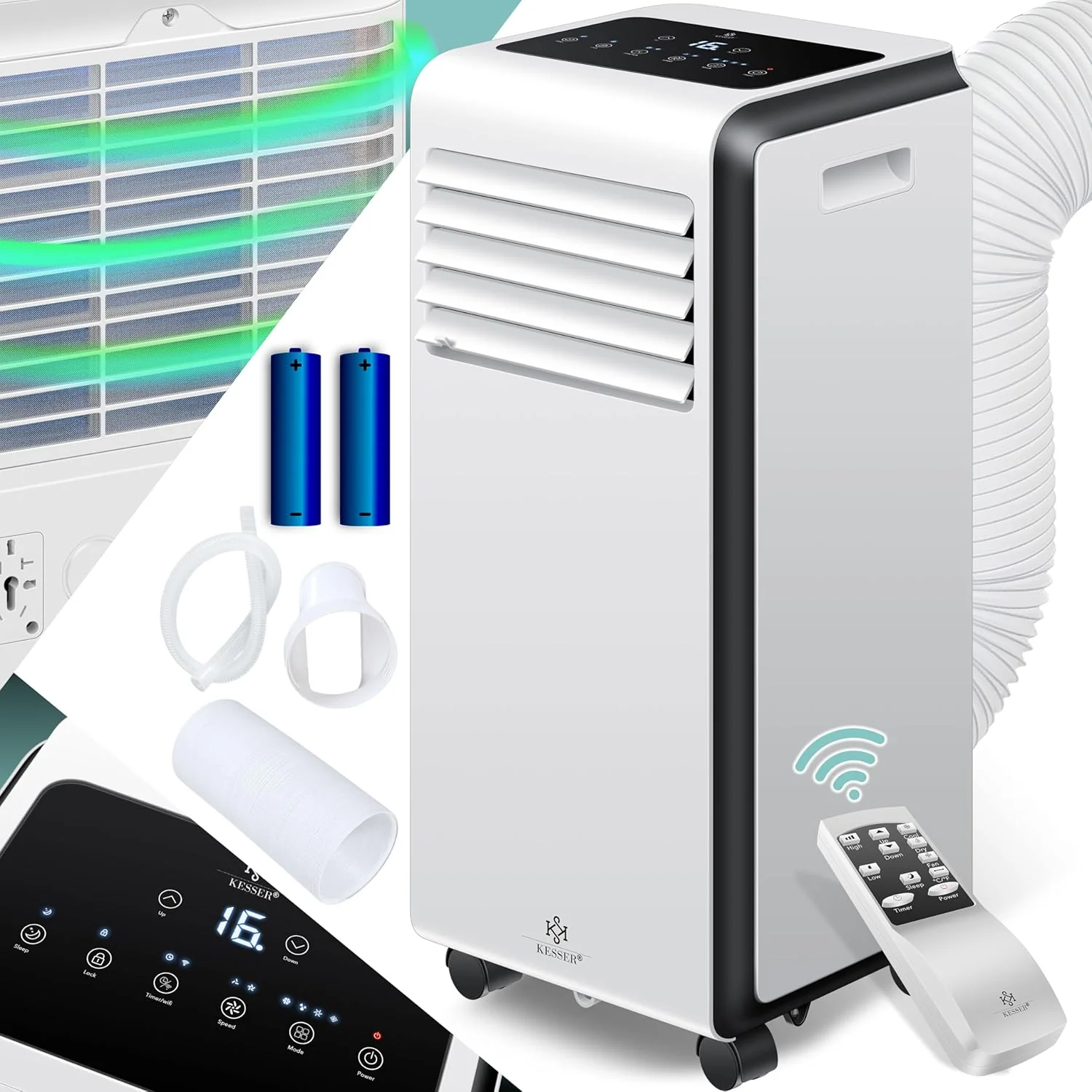 KESSER® Mobil klíma 4 az 1-ben hűtés | páramentesítés szellőztetés | ventilátor 9000 BTU/h 1005W | Mobil klímaberendezés szerelési anyaggal, távirányítóval és időzítővel | Éjszakai üzemmód és 360°-ban forgó kerekek
