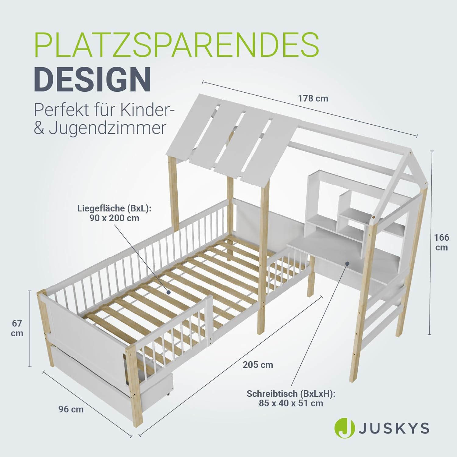 Juskys Kinderbett Yari 90x200 cm - Einzelbett mit Schreibtisch & Schublade, Kiefernholz & Langlebige Materialien, Verspieltes Haus-Design - Weiß/Natur