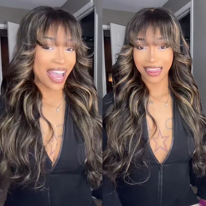 Highlight Honey Blonde Wig With Bangs Human Hair HD Lace Front Wigs