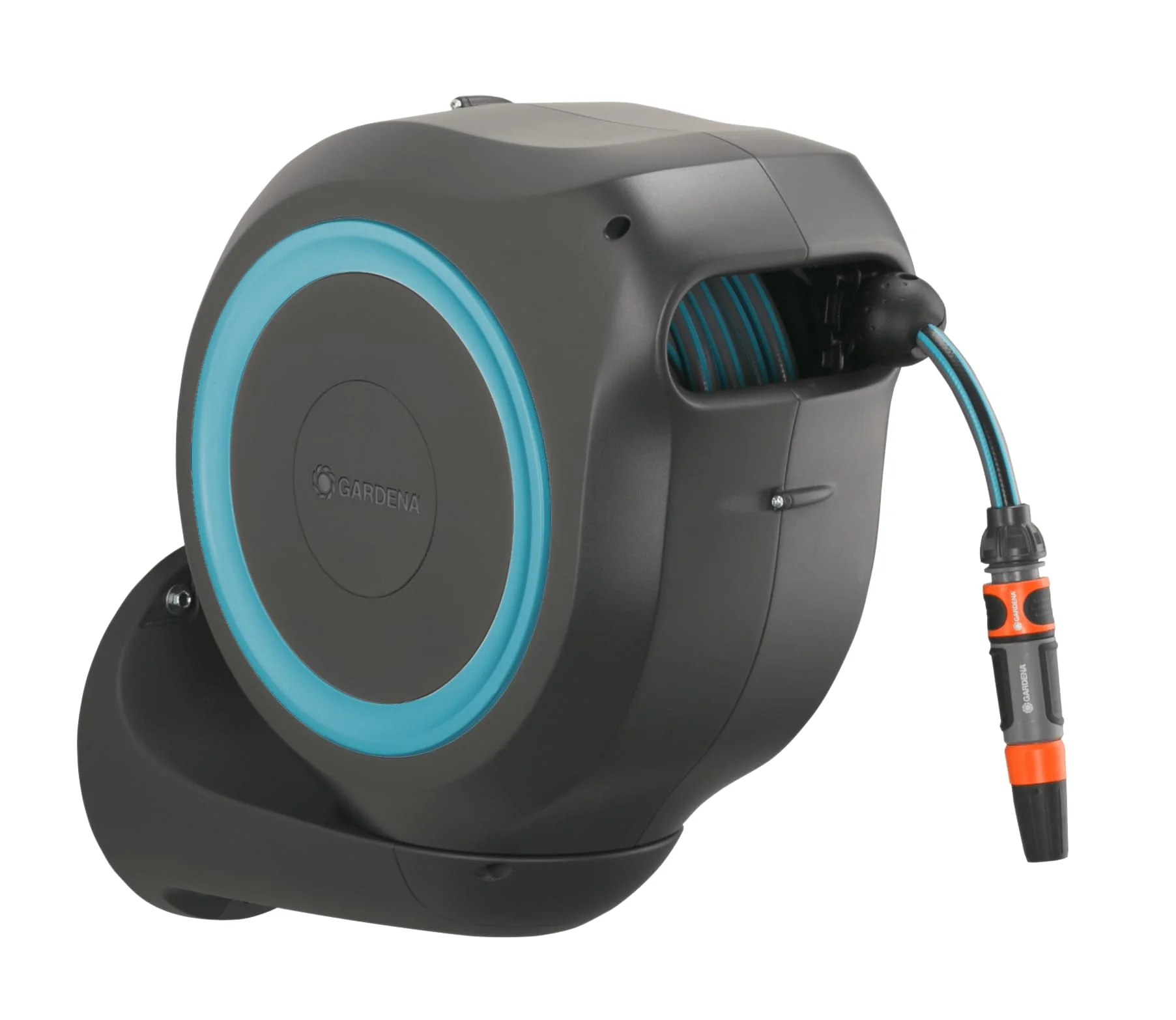 Gardena Cassetta Avvolgitubo da Parete RollUp M (turchese) 20 m: Irrigazione flessibile per giardini di medie dimensioni, tamburo orientabile con supporto a parete, accessori del sistema e pistola a spruzzo inclusi, tubo da 20 m (18610-20)