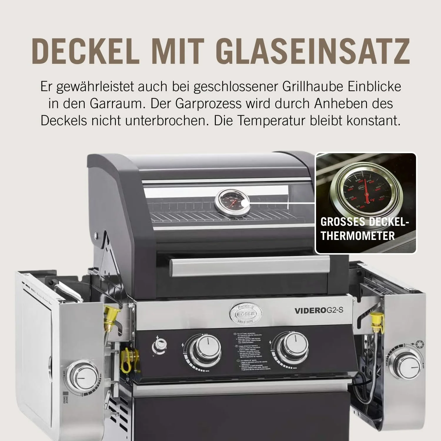 RÖSLE Elektrogrill BBQ-Portable Videro E2-P, tragbarer Tischgrill mit 2 Brennern, Warmhalterost und Deckel mit Glaseinsatz, pulverbeschichteter Stahl, schwarz/silbern
