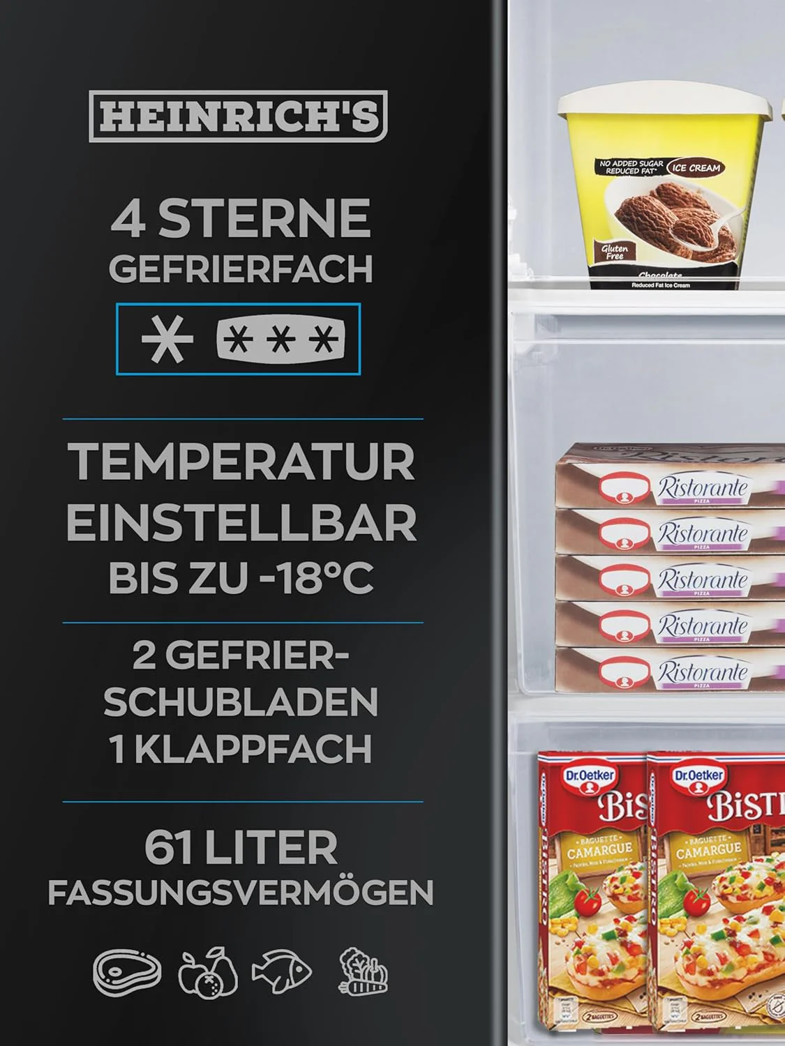Heinrich´s Gefrierschrank 61Liter -18°C Freezer, 3x Gefrierschublade, 7 Stufen Temperaturregler, Airflow, wechselbarer Türanschlag weiß