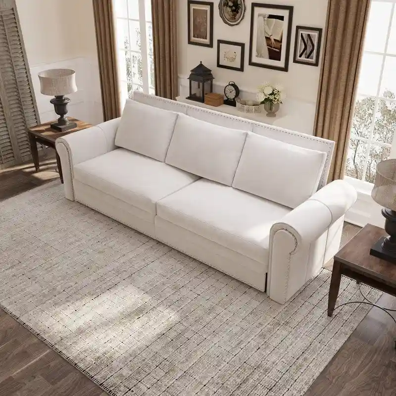 3-in-1 King Pull Out Sofa Bed Chesterfield Sofa, Velvet/Faux Leather Convertible Sleeper Sofa with Nailhead Trim & Rolled Arm
