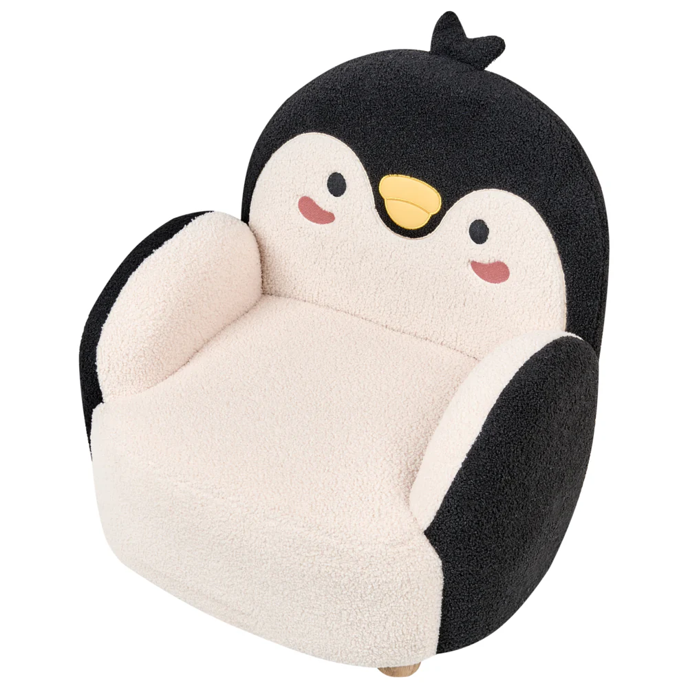 Poltrona per Bambini a Forma di Pinguino – Bouclé Nero Imbottito, Sedia Bassa Confortevole