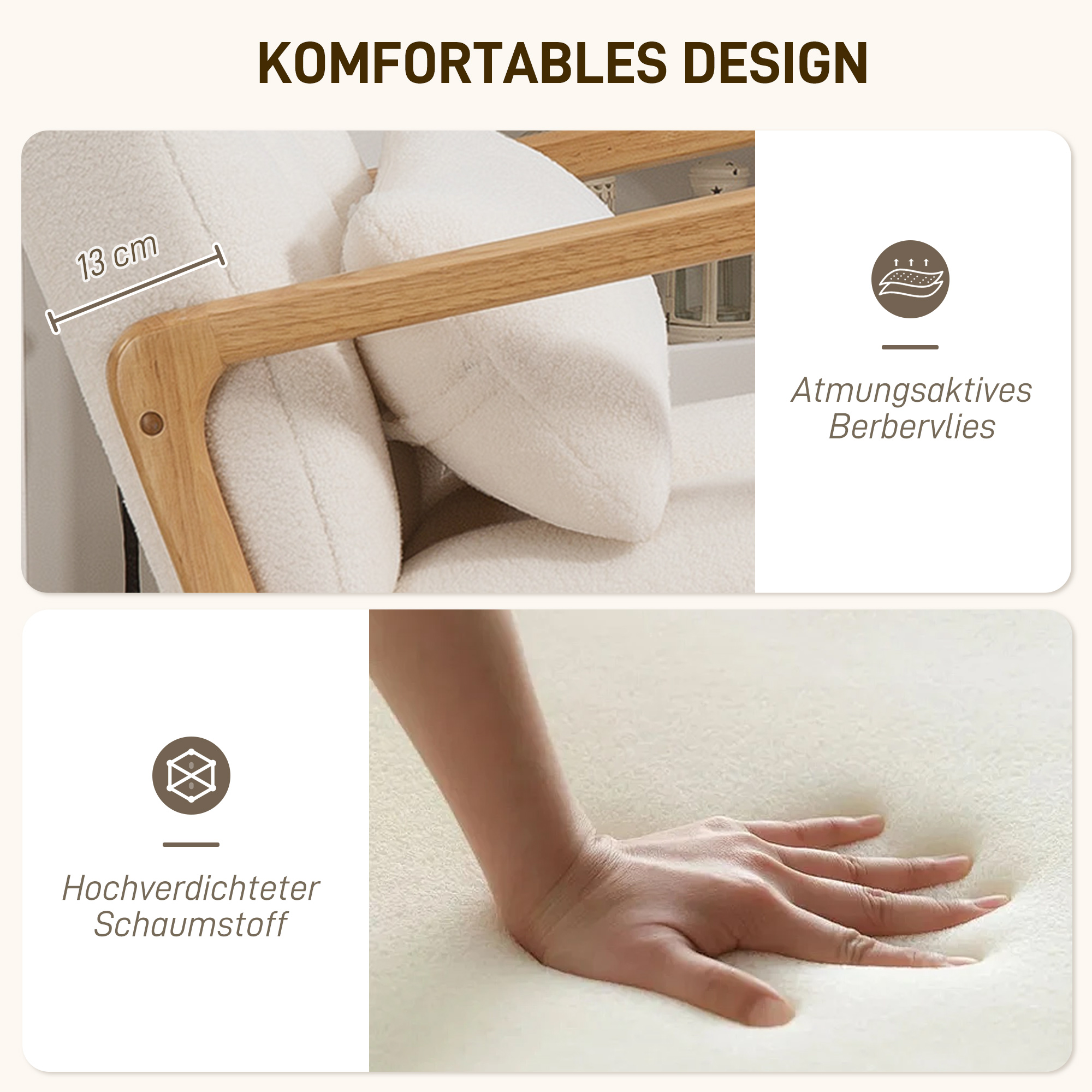 HOMCOM Schommelstoel met Voetensteun, Fleece-Bekleding, Hoge Rugleuning, Houten Poten, Voetpads, Wit