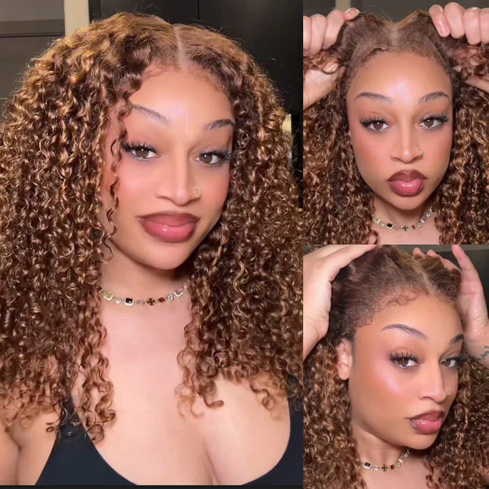 4c Edges Blonde Highlight Curly Glueless Wig Natural Hairline Undetectable HD Lace Front Human Hair Wig