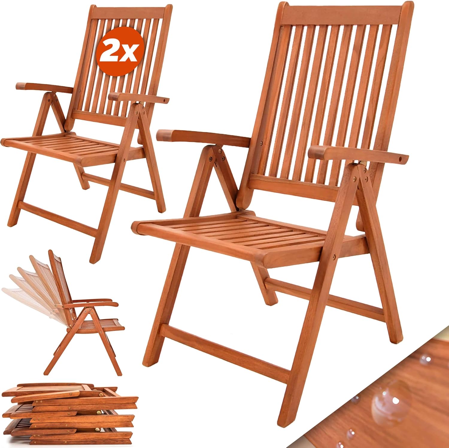 Casaria® 2er Set Gartenstuhl Balkonstuhl Holz FSC®-Zertifiziert Eukalyptus Klappbar Rückenlehne 5-Fach Verstellbar 55x70cm Garten Balkon Terrasse Klappstuhl Hochlehner Braun