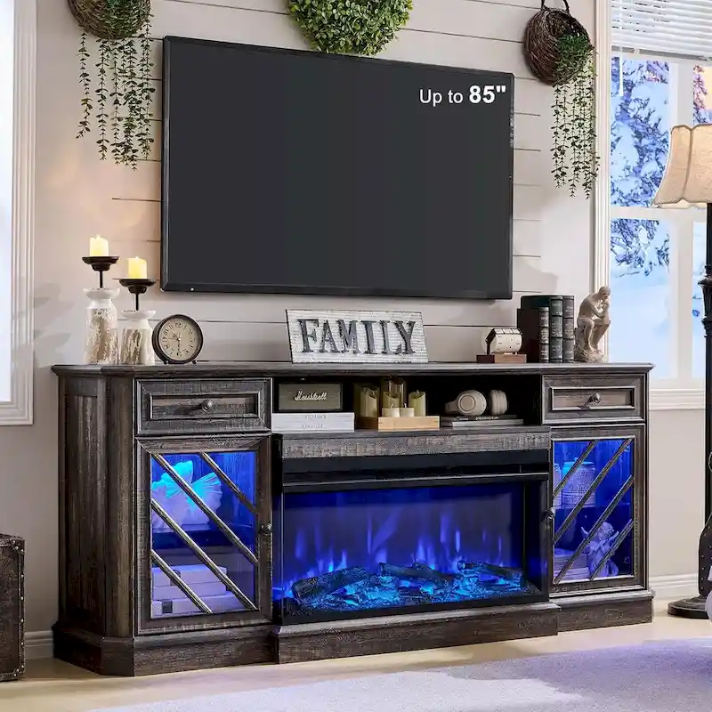 Farmhouse TV Stand with 3-Sided Fireplace, Entertainment Center