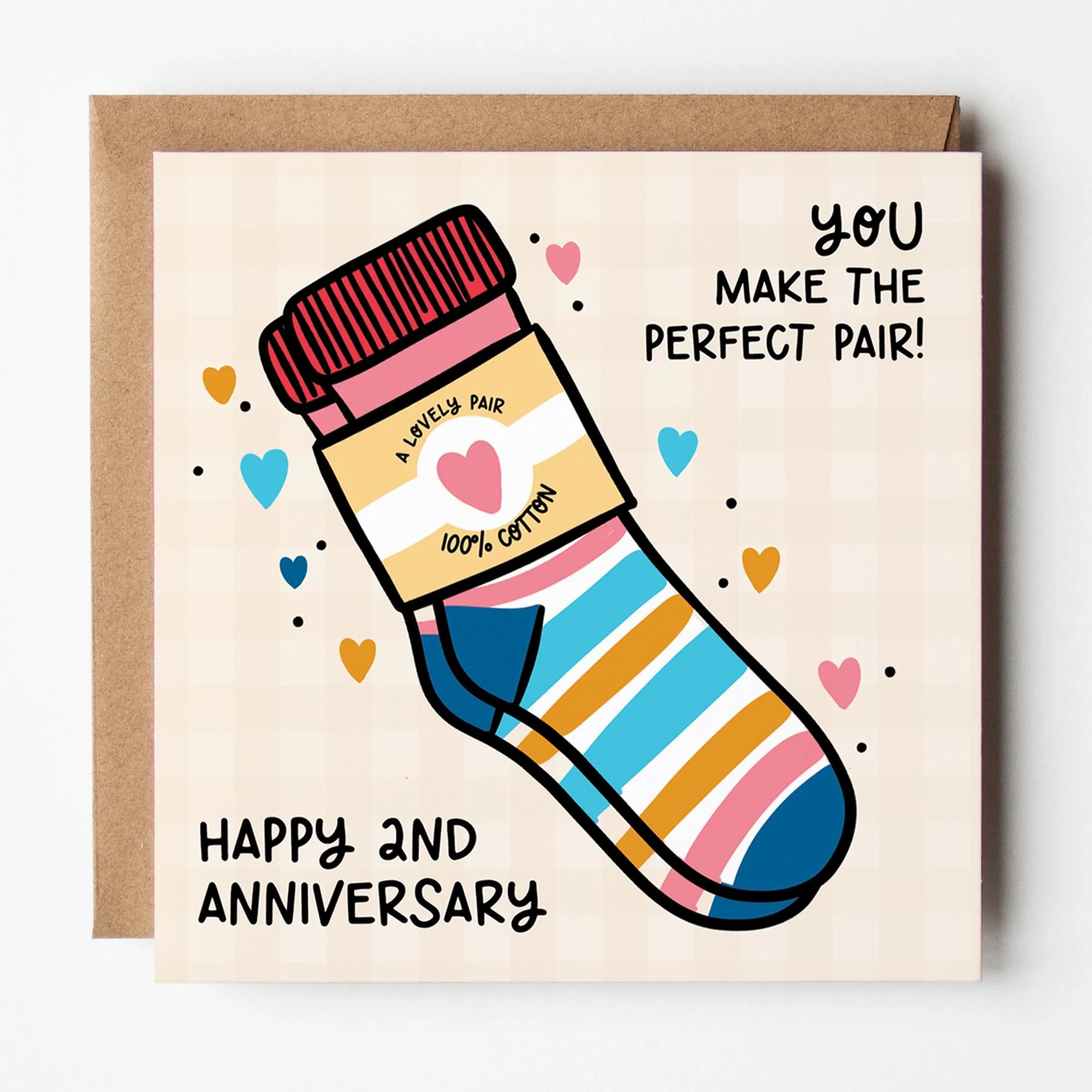 2nd Anniversary Card: Cotton Anniversary, Perfect Pair Socks design with Kraft envelope