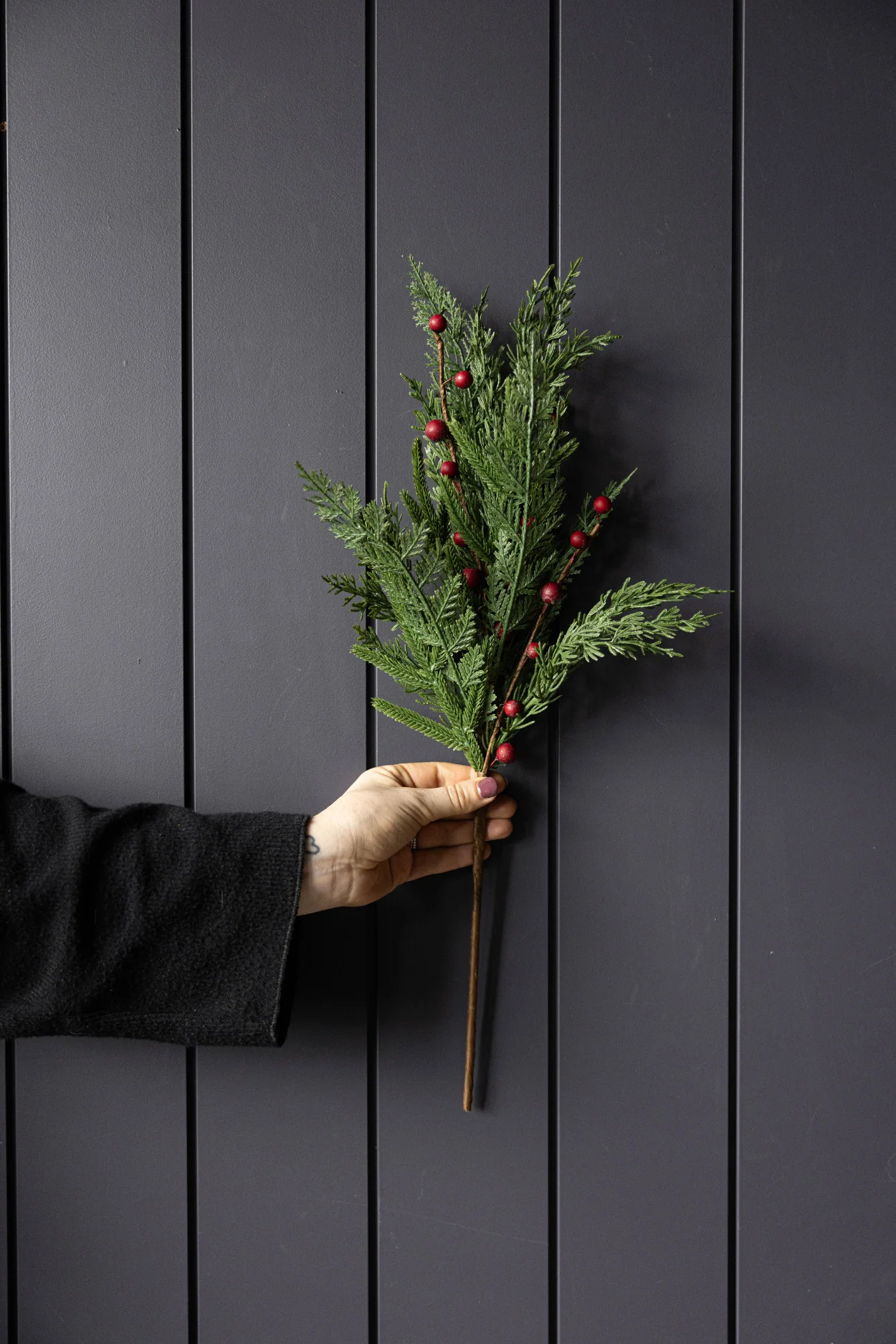 Red Plum Berry Norfolk Cypress Touch Green Faux Stems
