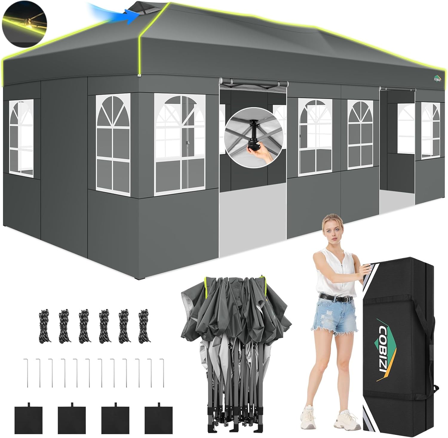COBIZI Faltpavillon 3x6 Pavillon wasserdicht Winterfest, EIN-Tasten-Zentralverriegelung Partyzelt Faltbar Anti-UV mit Fluoreszierenden Streifen, 6 Seitenwänden, Gartenpavillon für Hochzeiten, Freien