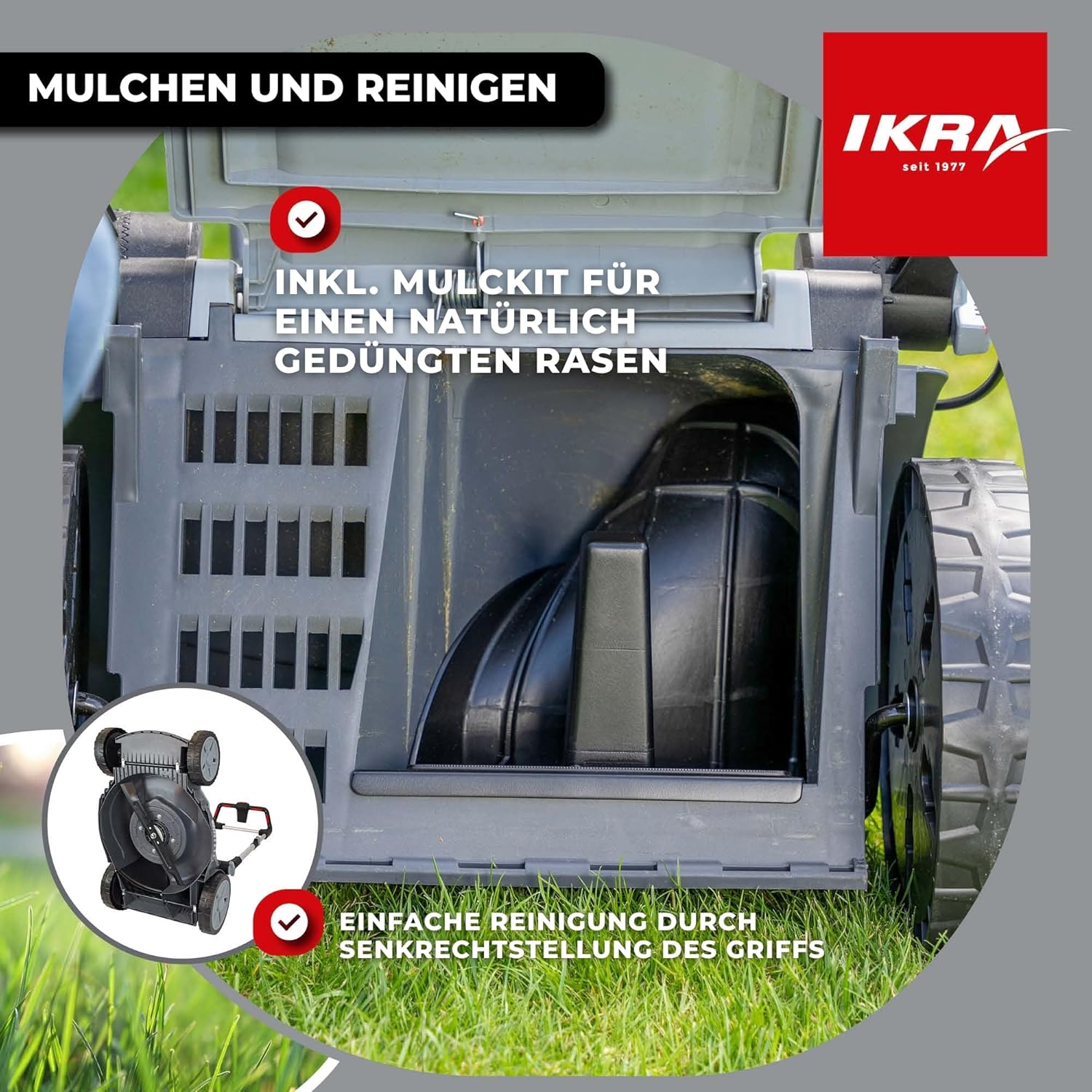 IKRA Bosch 36V Akku 3in1 Rasenmäher Mulchmäher IB-LM 43, Rasenflächen bis 600m2, Schnittbreite 43cm, Schnitthöhe 30-75mm, ohne Akku  und  Ladegerät