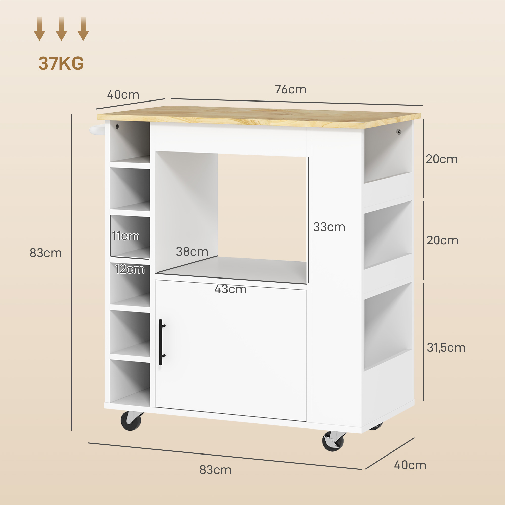 HOMCOM Keukentrolley, Rolbare Keukeneiland, Keuken-Trolley met Vakken, Wijnrekken, Kast en Werkblad, Wit
